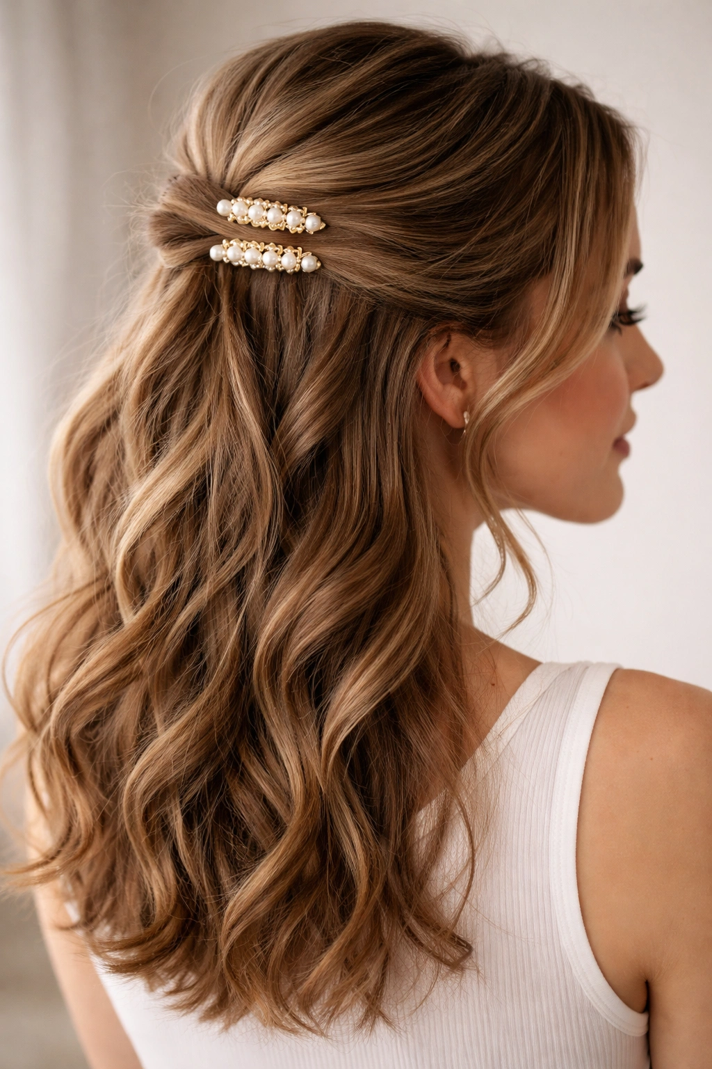 Half-up hairstyle secured with decorative pearl clips, enhancing elegance.