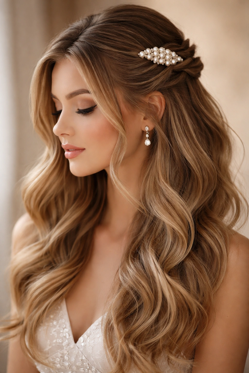 Close-up of half-up hairstyle with pearl clips and soft waves