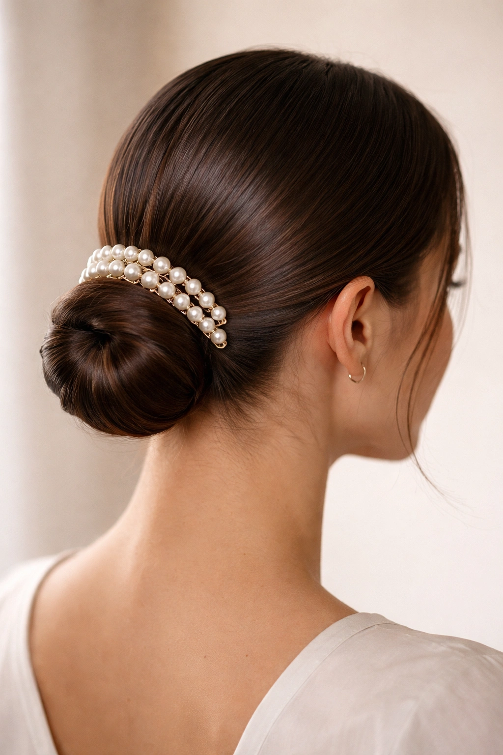 Close-up of sleek low bun with pearl clips on straight hair highlighting pearls and clean lines