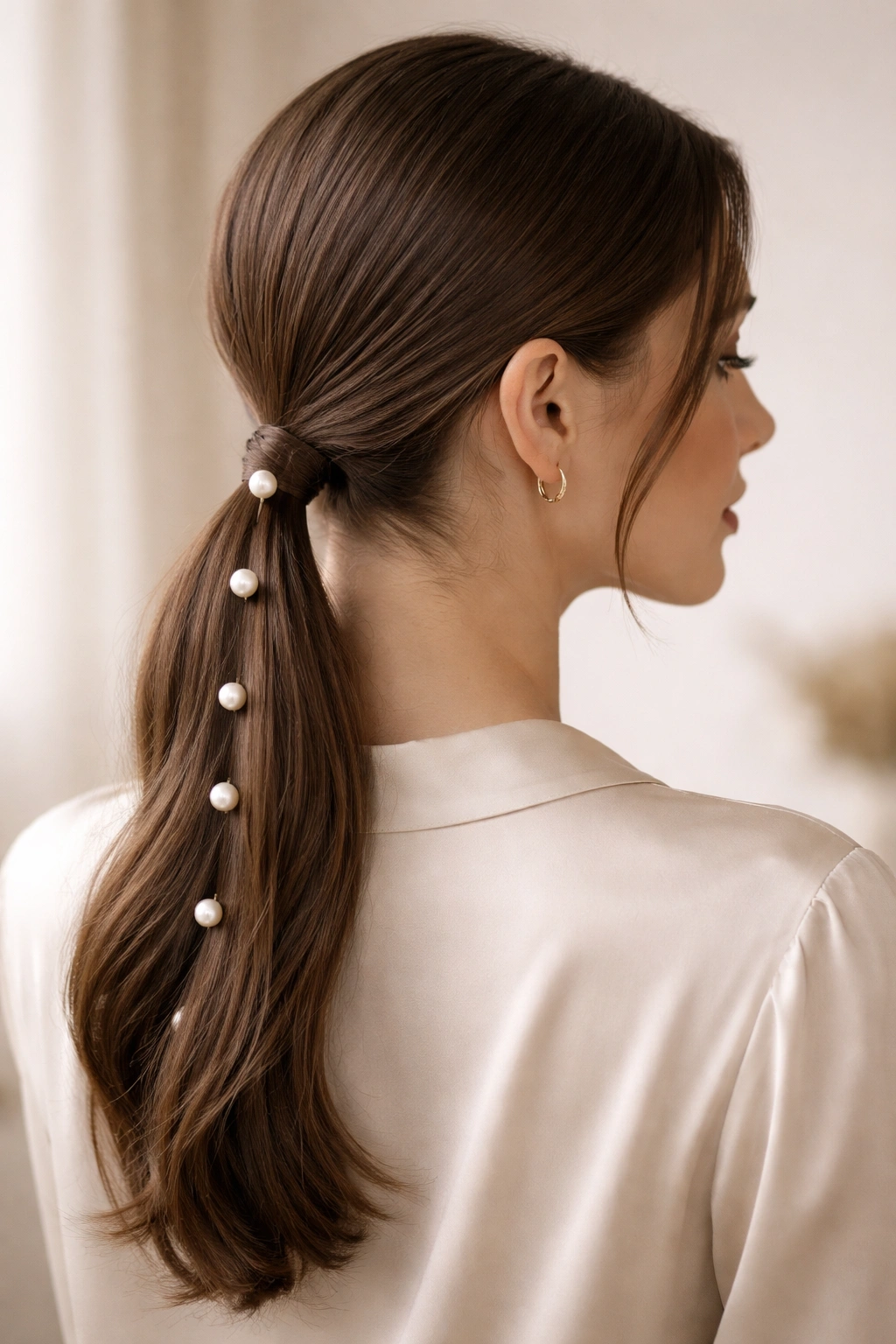 Low ponytail with pearl clips along the length