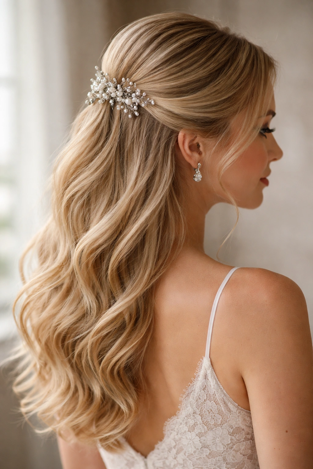 Half-up hairstyle with a pearl or crystal cluster accent at the back