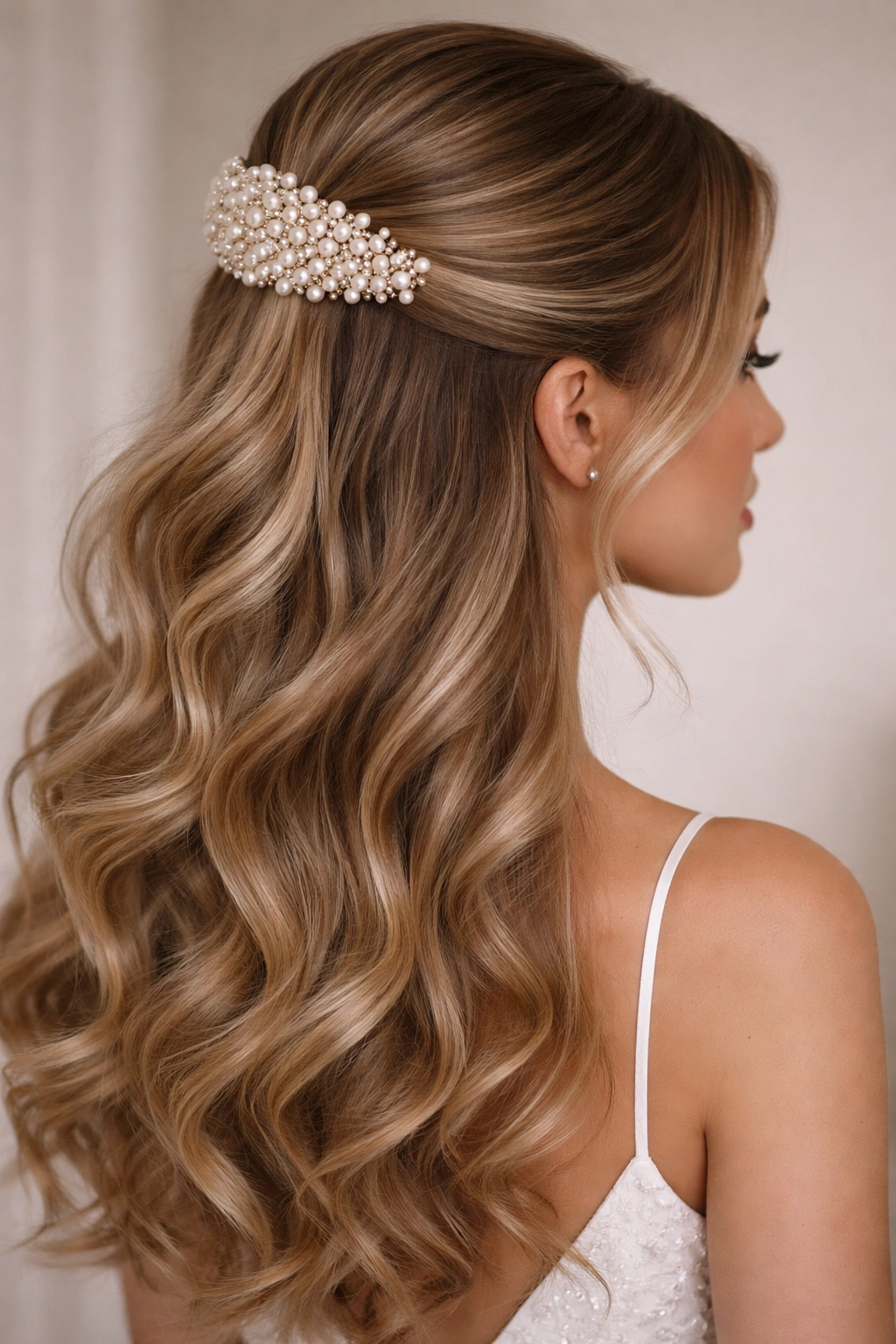 Close-up of sleek half-up hairstyle with large pearl comb at crown and flowing waves