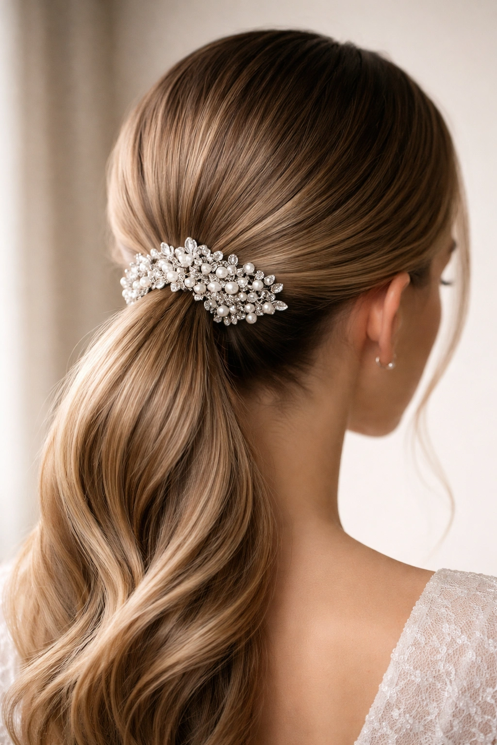 Close-up of a sleek low ponytail secured with a pearl/crystal comb