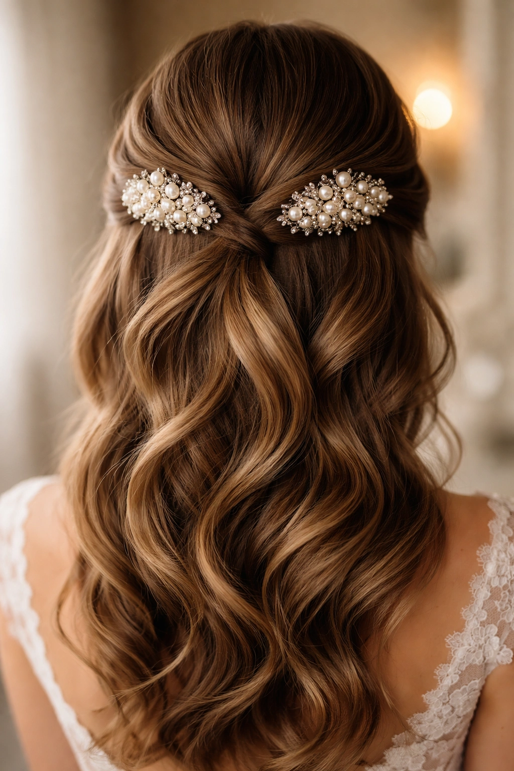 Close-up of vintage-inspired pearl hair combs arranged symmetrically on a half-up bridal hairstyle