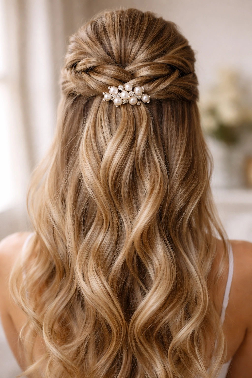 Back view of a high half-up crown formed by mini twists with a pearl pin cluster at the base.