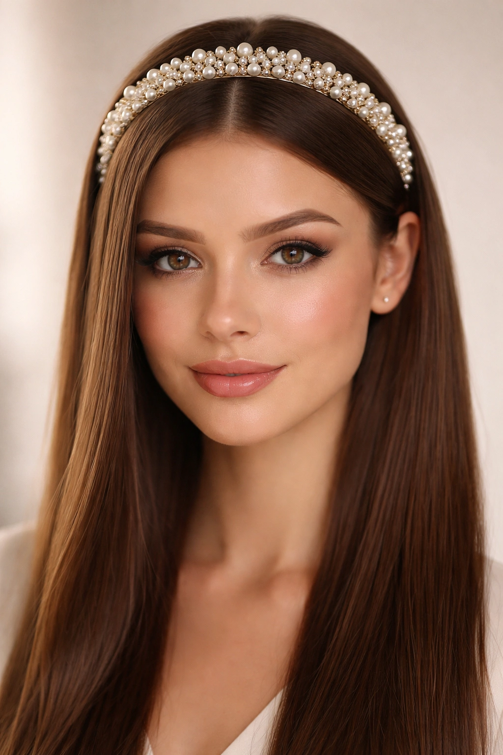 Pearl-studded crown band on straight hair