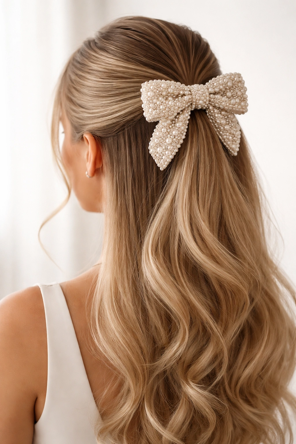 Back view of half-up with a pearl-decorated bow on the elastic
