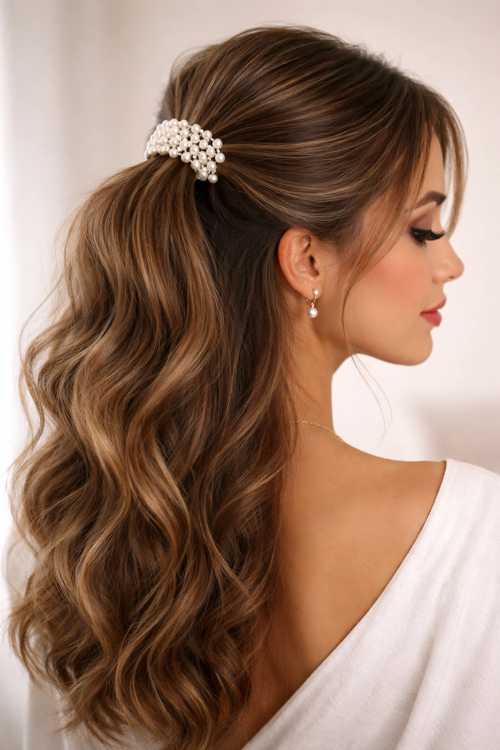 Half-up ponytail with pearl-studded elastic around the crown