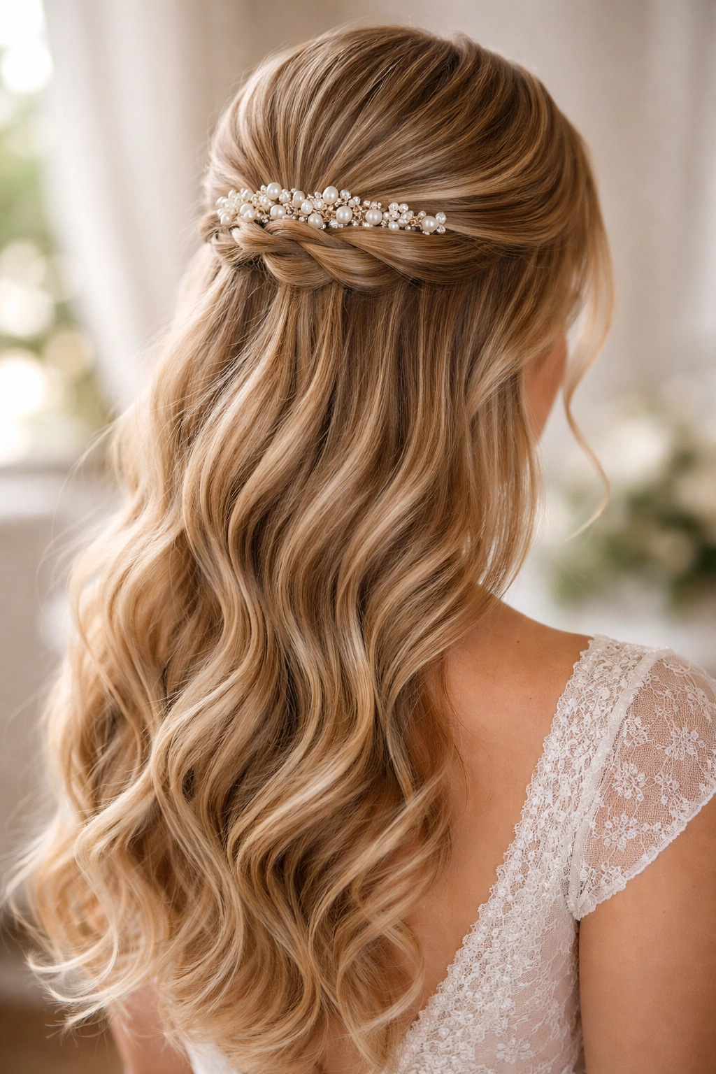 Close-up of classic pearl-crowned half-up bridal hairstyle with pearl clip and soft waves