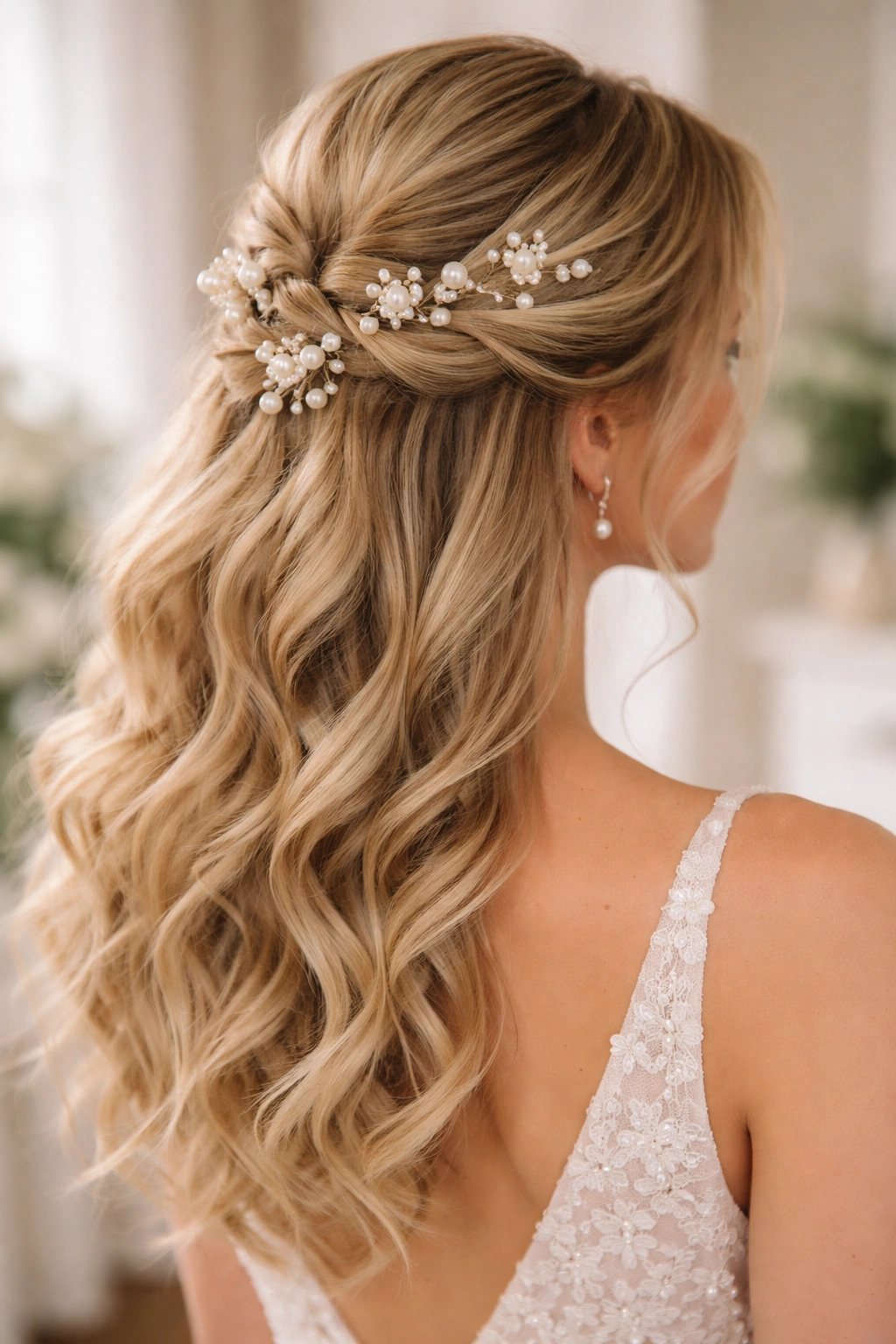 Close-up of half updo with pearl pins woven through gathered section