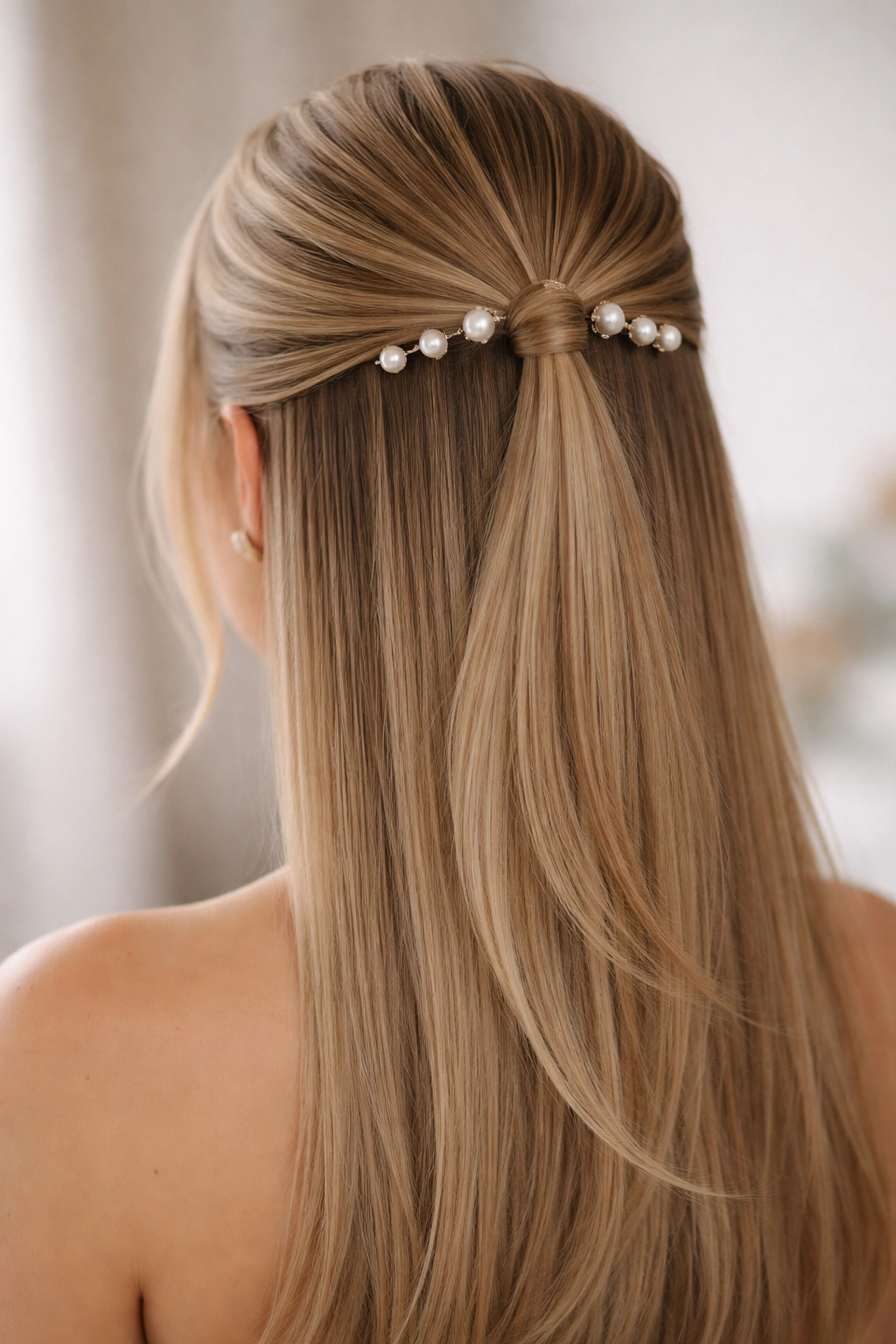 Close-up of classic half-up hairstyle with pearl pins at the crown on straight hair