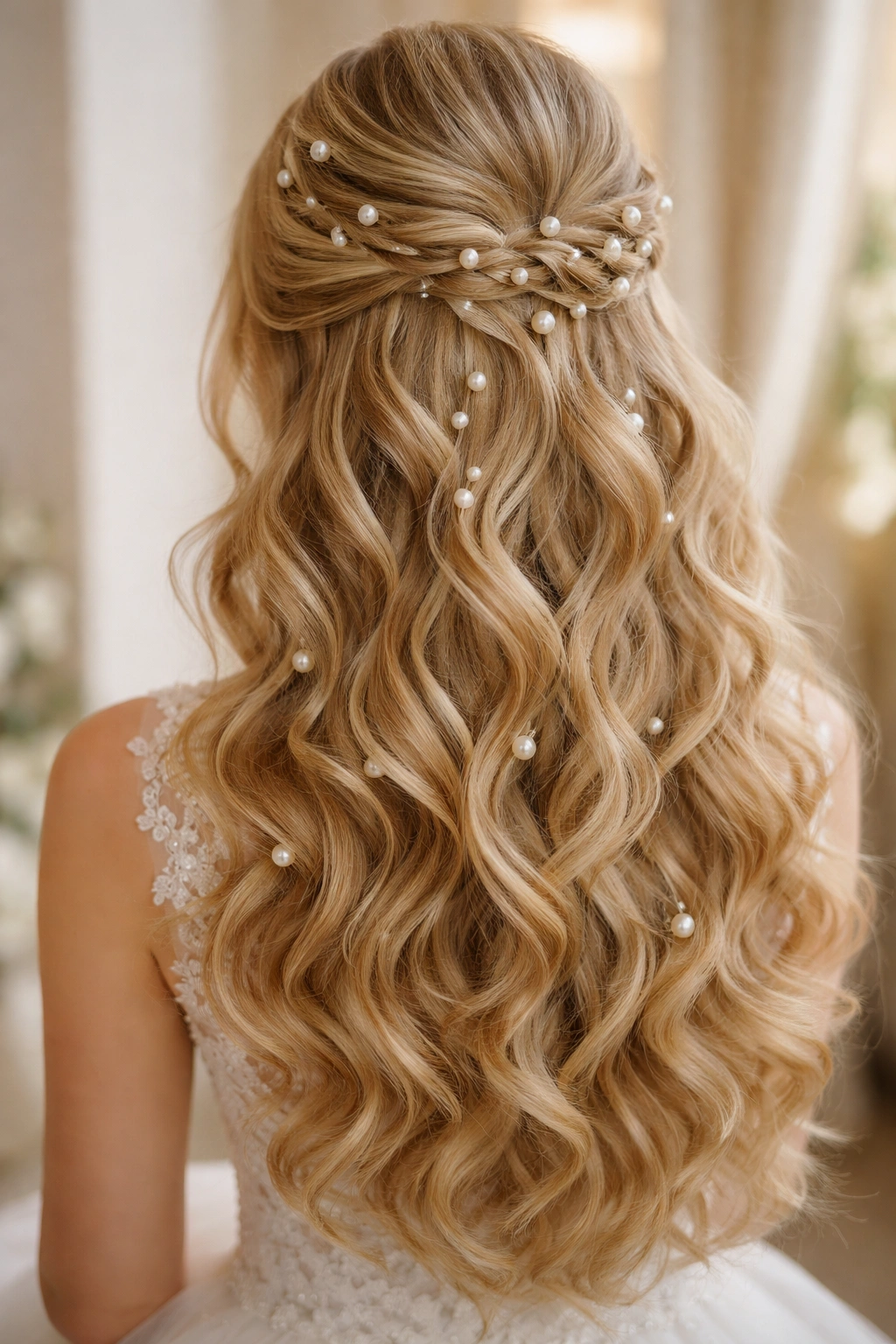 Cascading curls with pearl hairpins throughout the half-up style