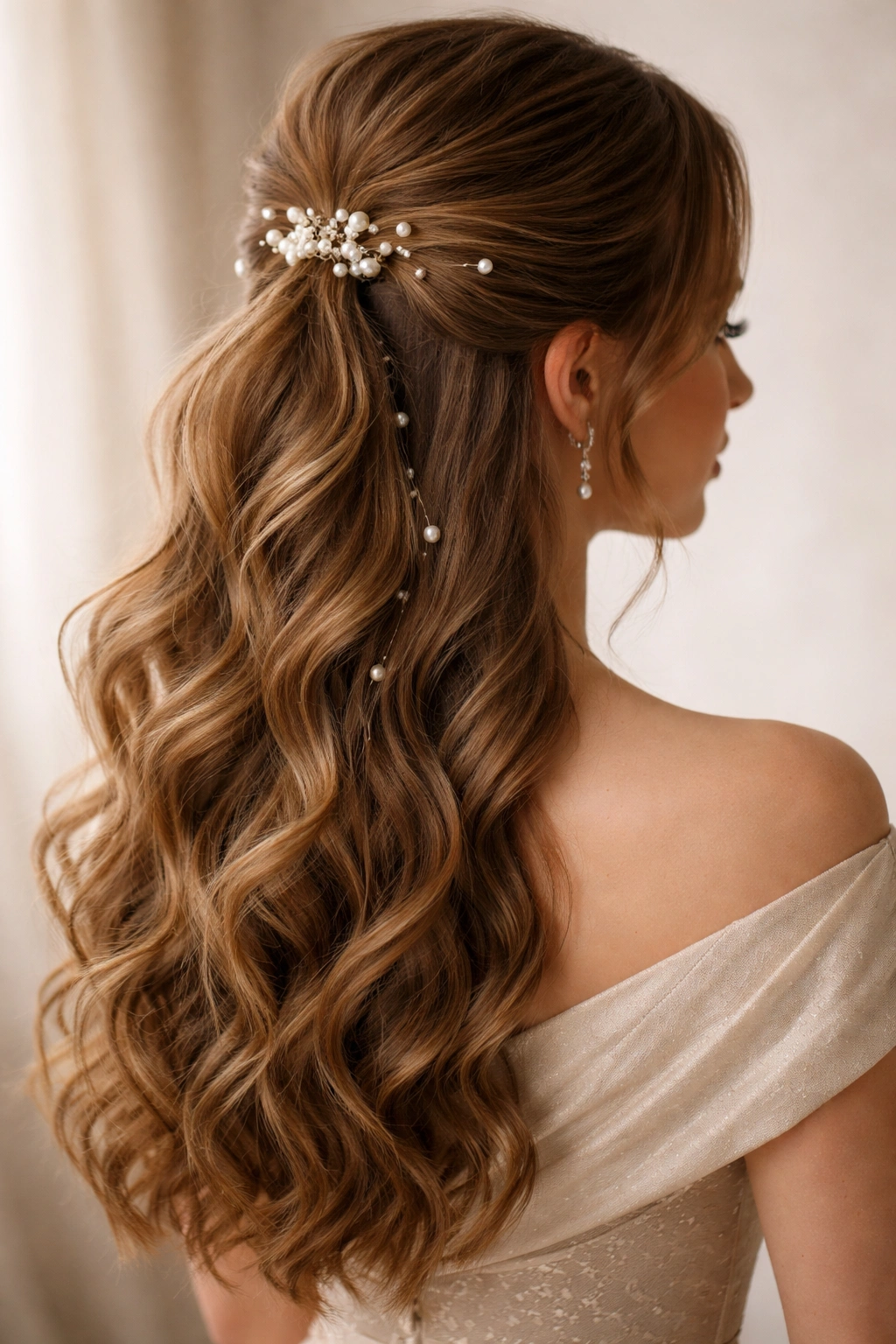 Half-up hairstyle with pearl pins in a wavy ponytail