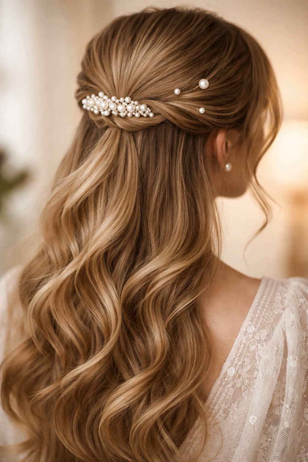 Close-up of pearl-adorned half-up hairstyle with pearl pins and a pearl clip