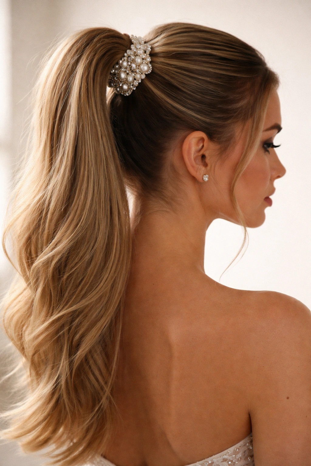 High ponytail with pearl or jeweled accent at the base