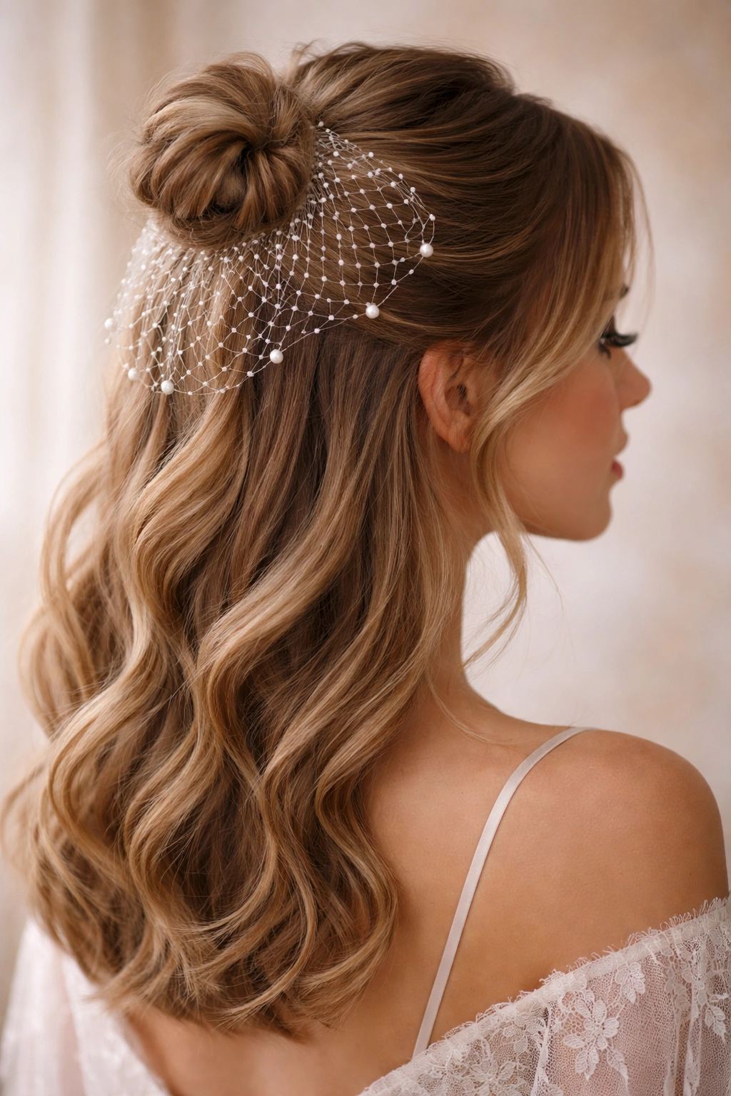 Half-up bun with translucent pearl netting over crown