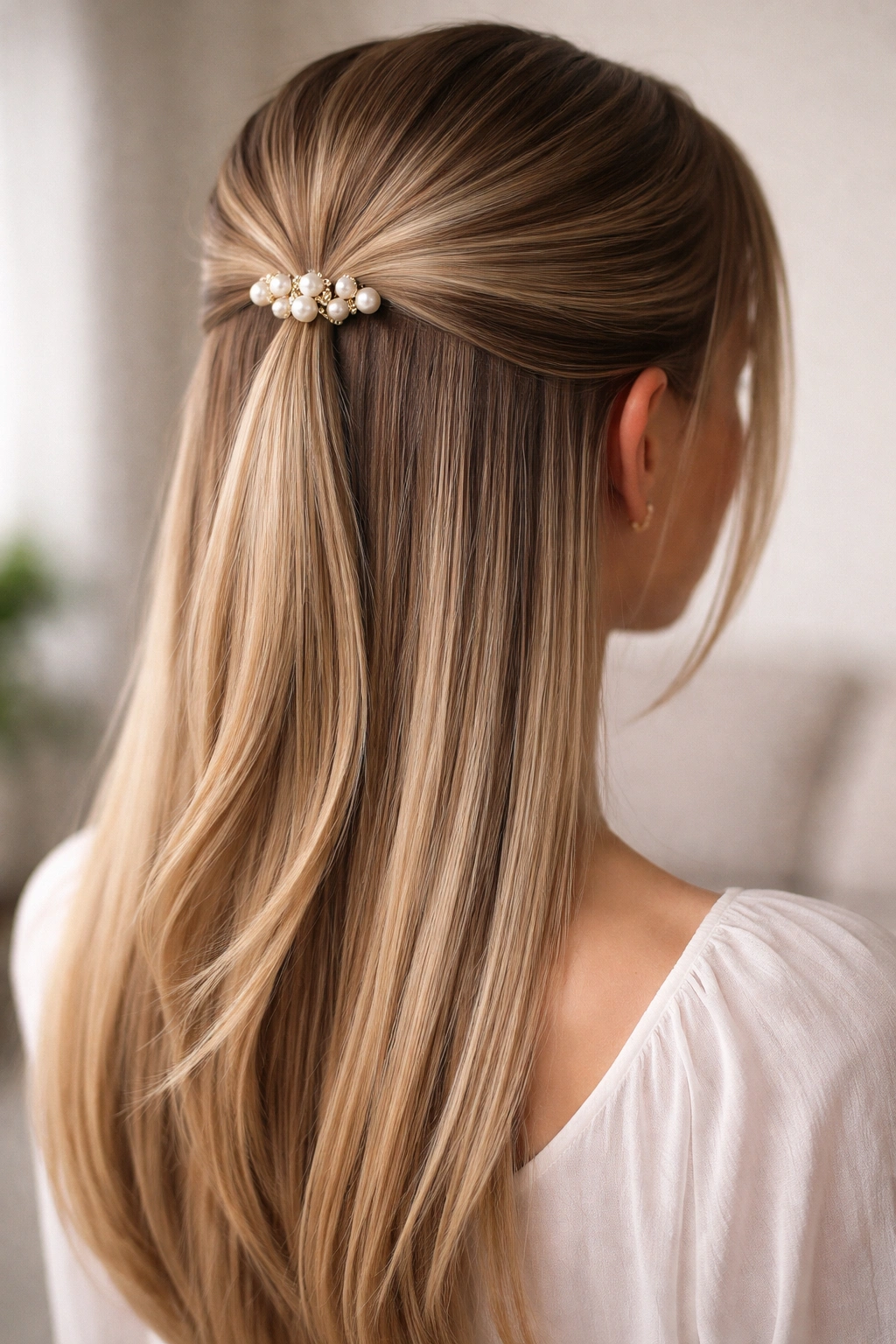 Straight hair half-up half-down with decorative pearl pins