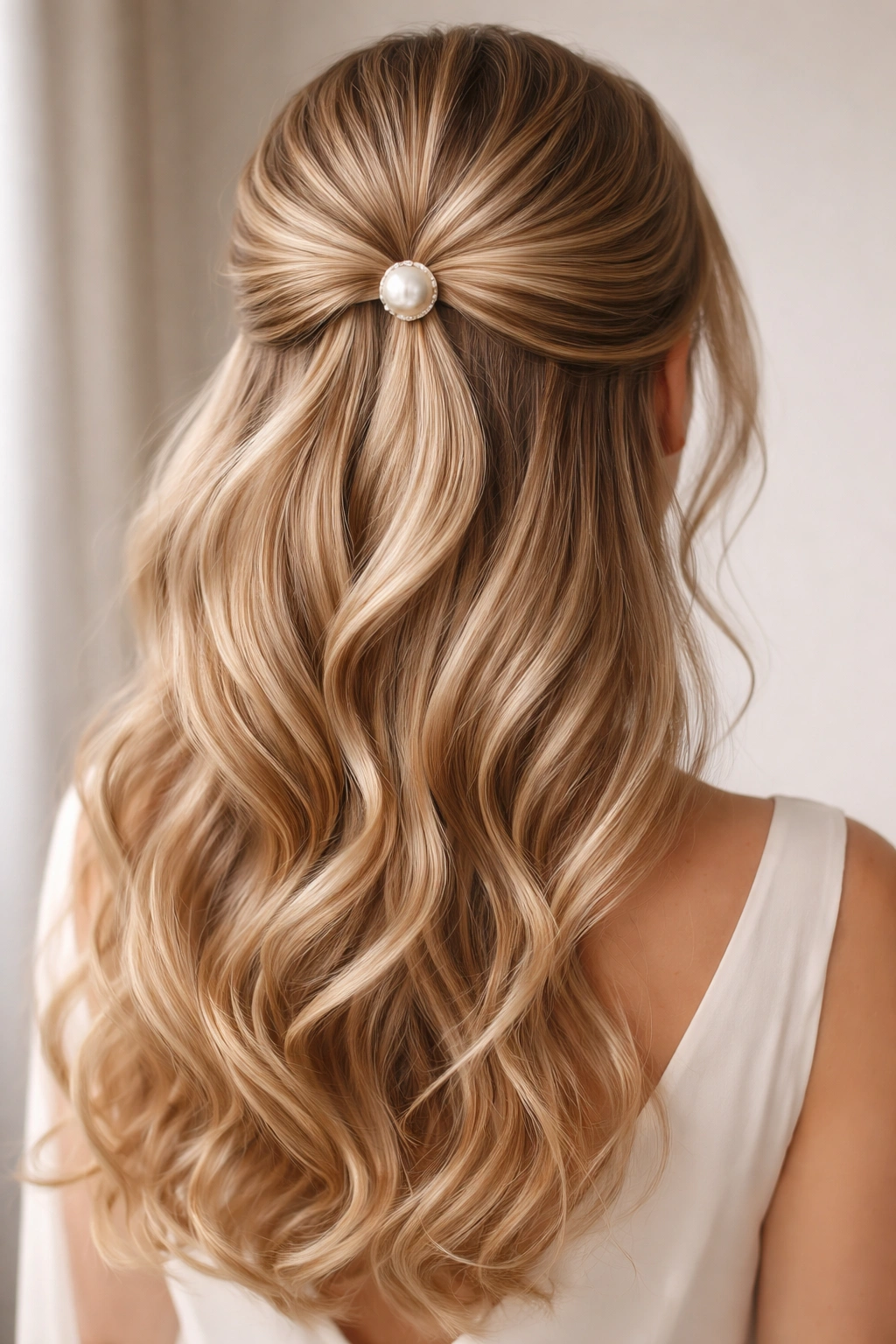 Frontal view of hair gathered at the crown secured with a pearl pin and loose curled lower half