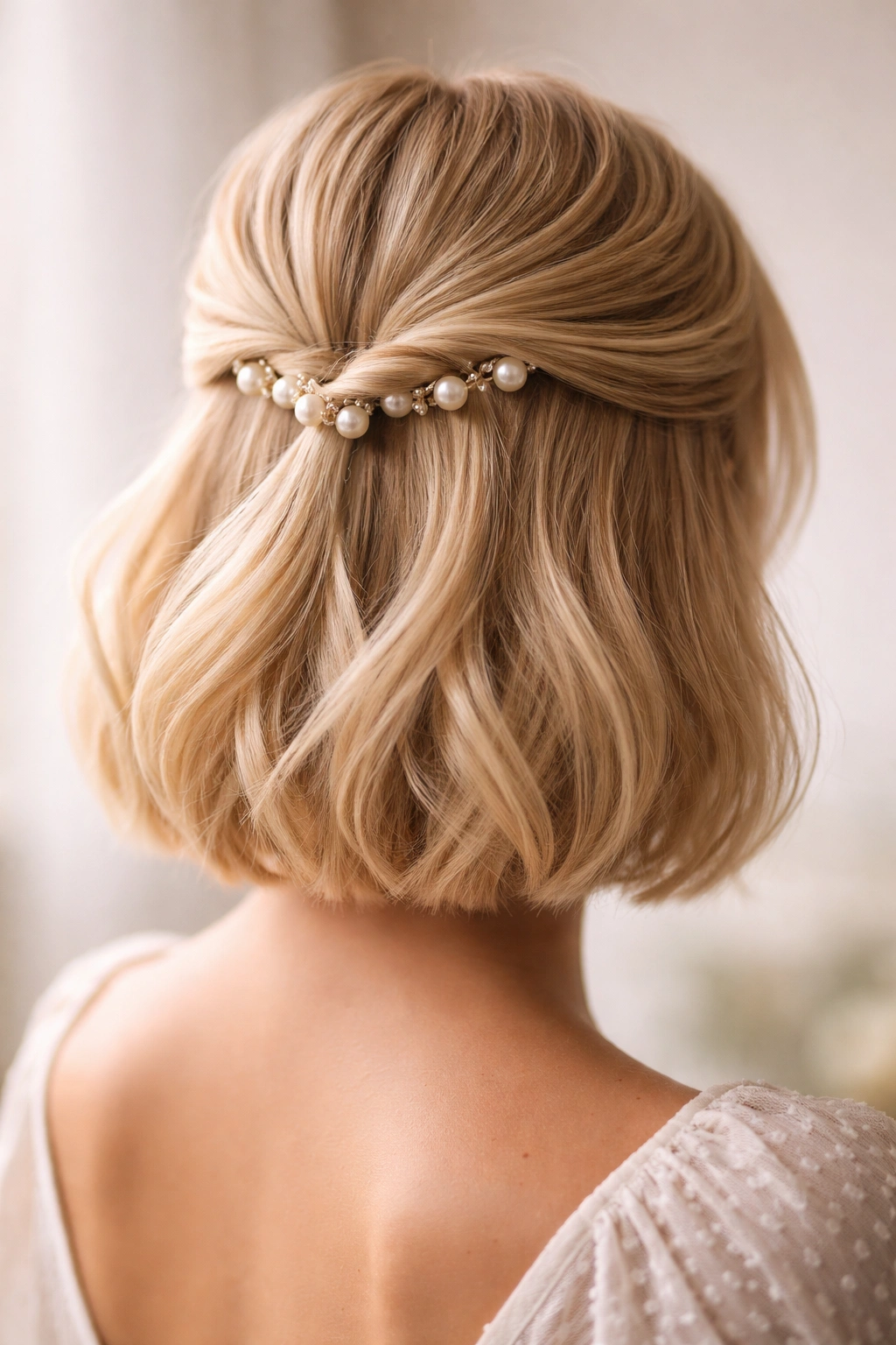 Blonde bob styled in a half-up with pearl pins accenting the back