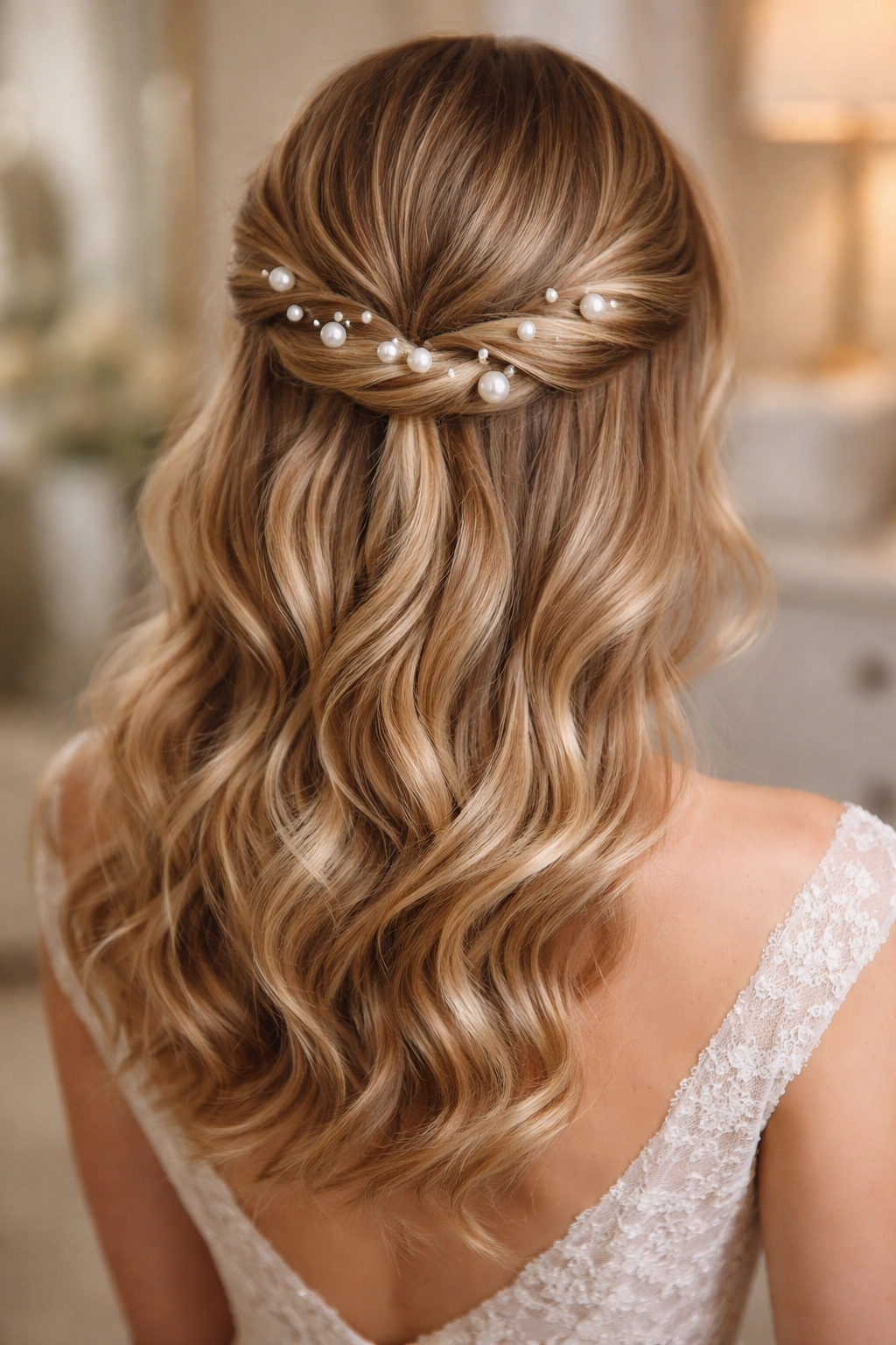 Twisted half-up hairstyle with pearl pins along the twist