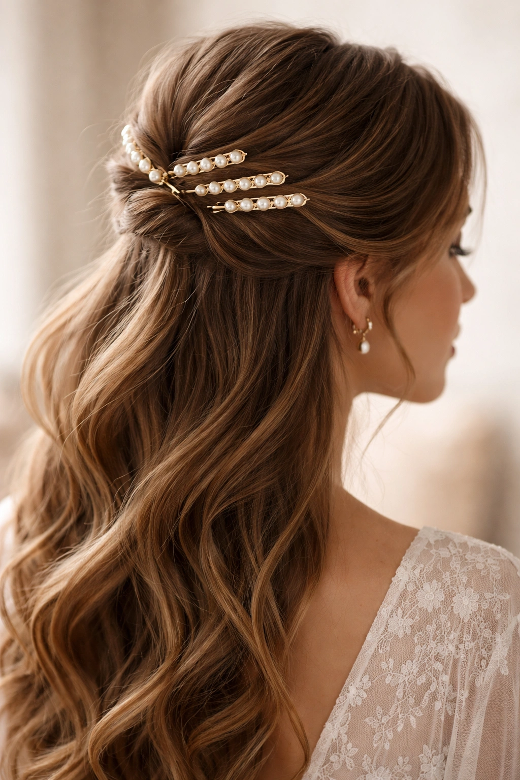 Close-up of pearl-studded bobby pins arranged across the crown of hair.