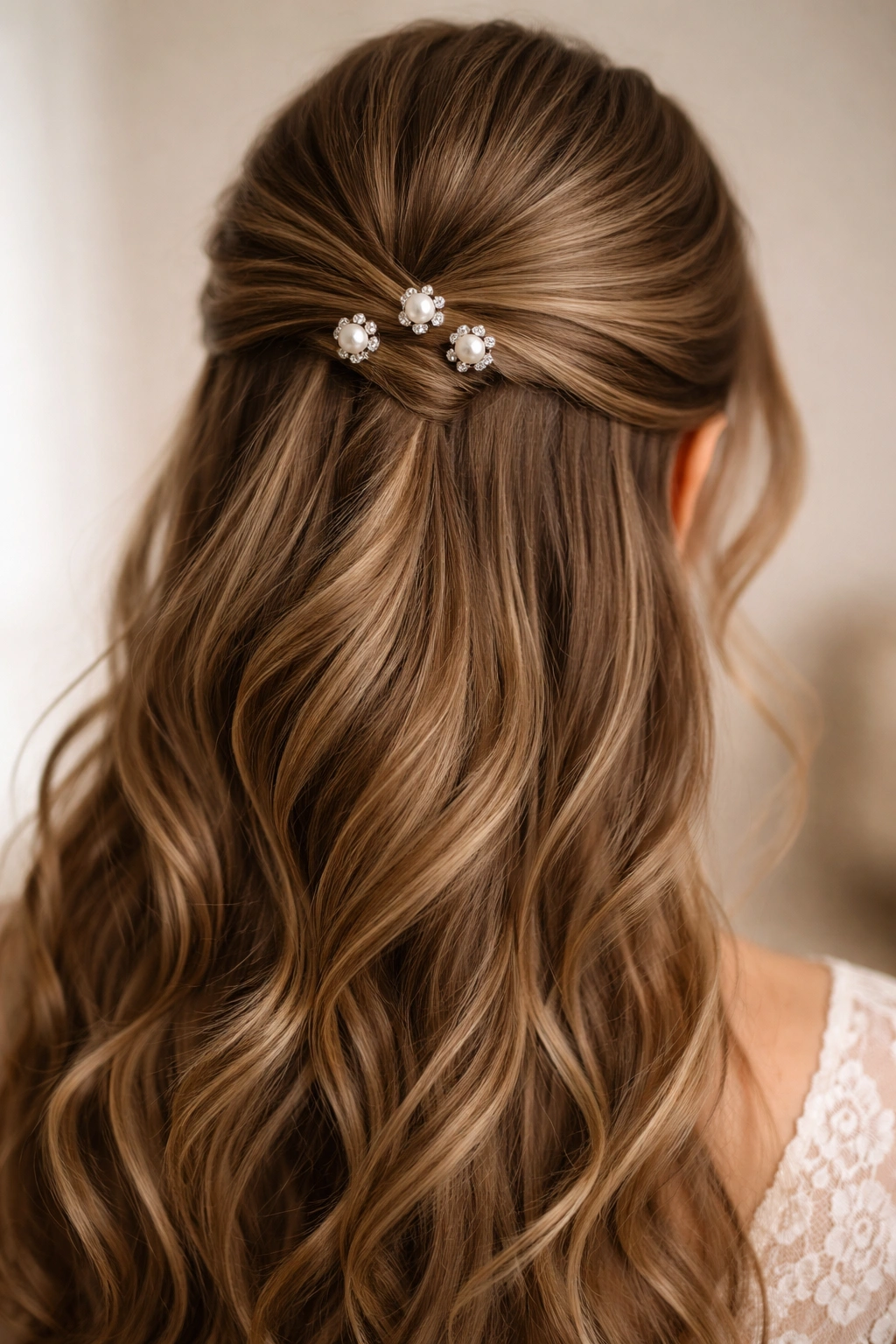 Close-up of half-up hairstyle with pearl and crystal pins along the crown