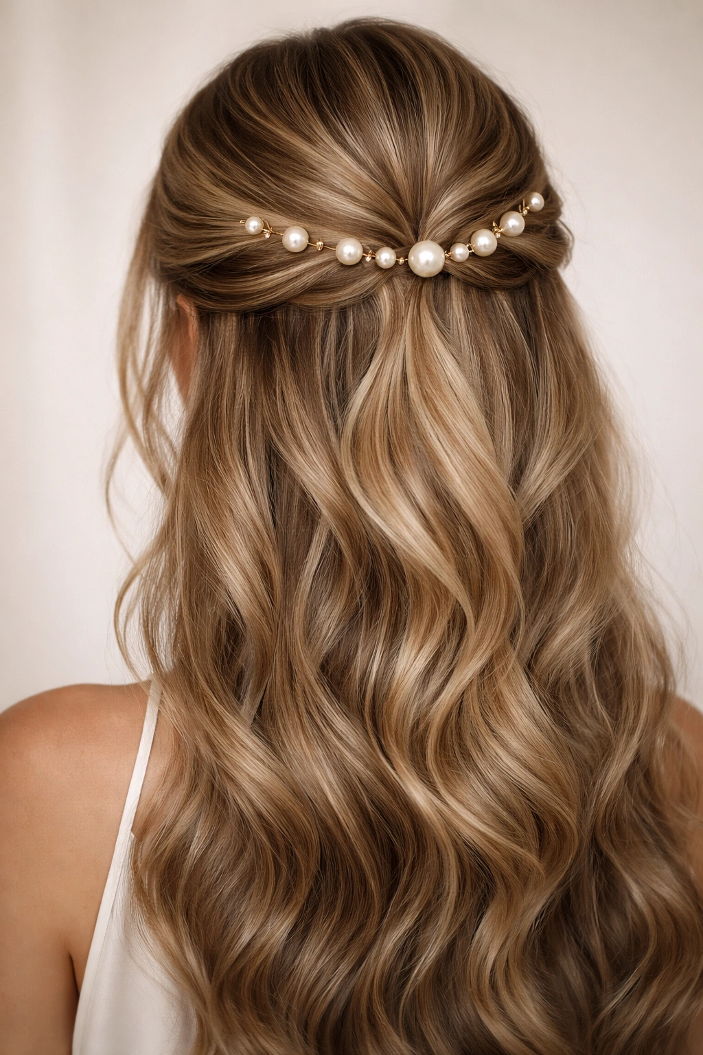 Close-up of a pearl-decorated half-up hairstyle with pearl pins along the crown