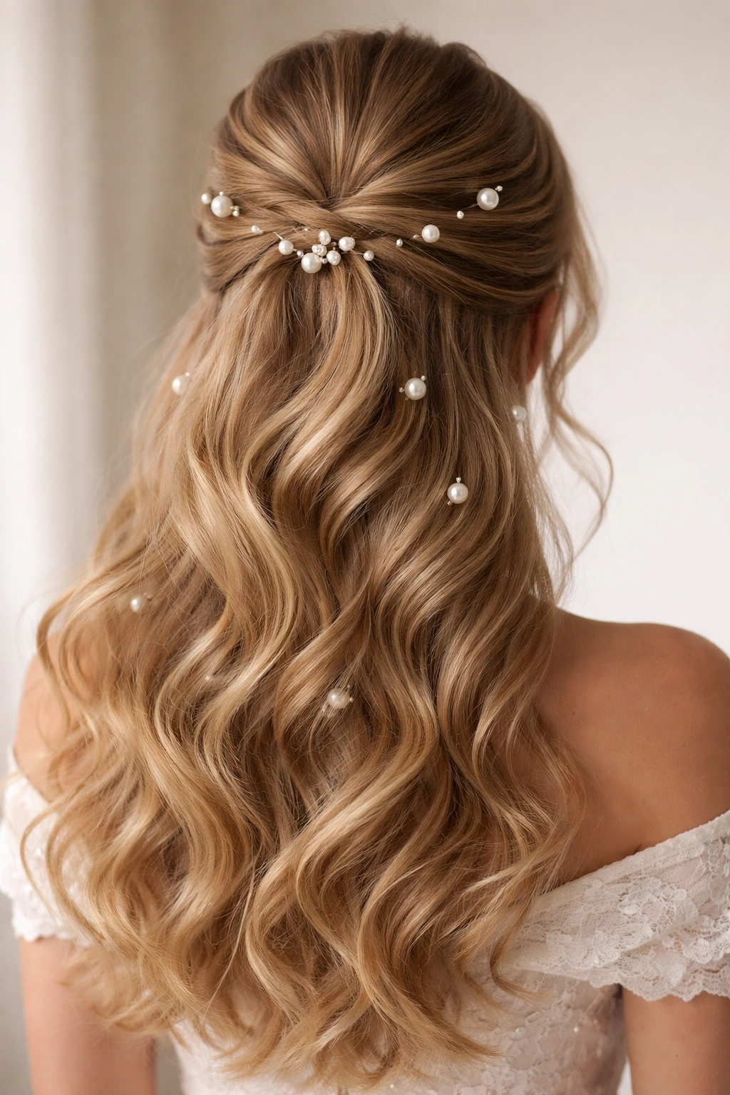 Back view of half-up hairstyle with pearl pins in waves.