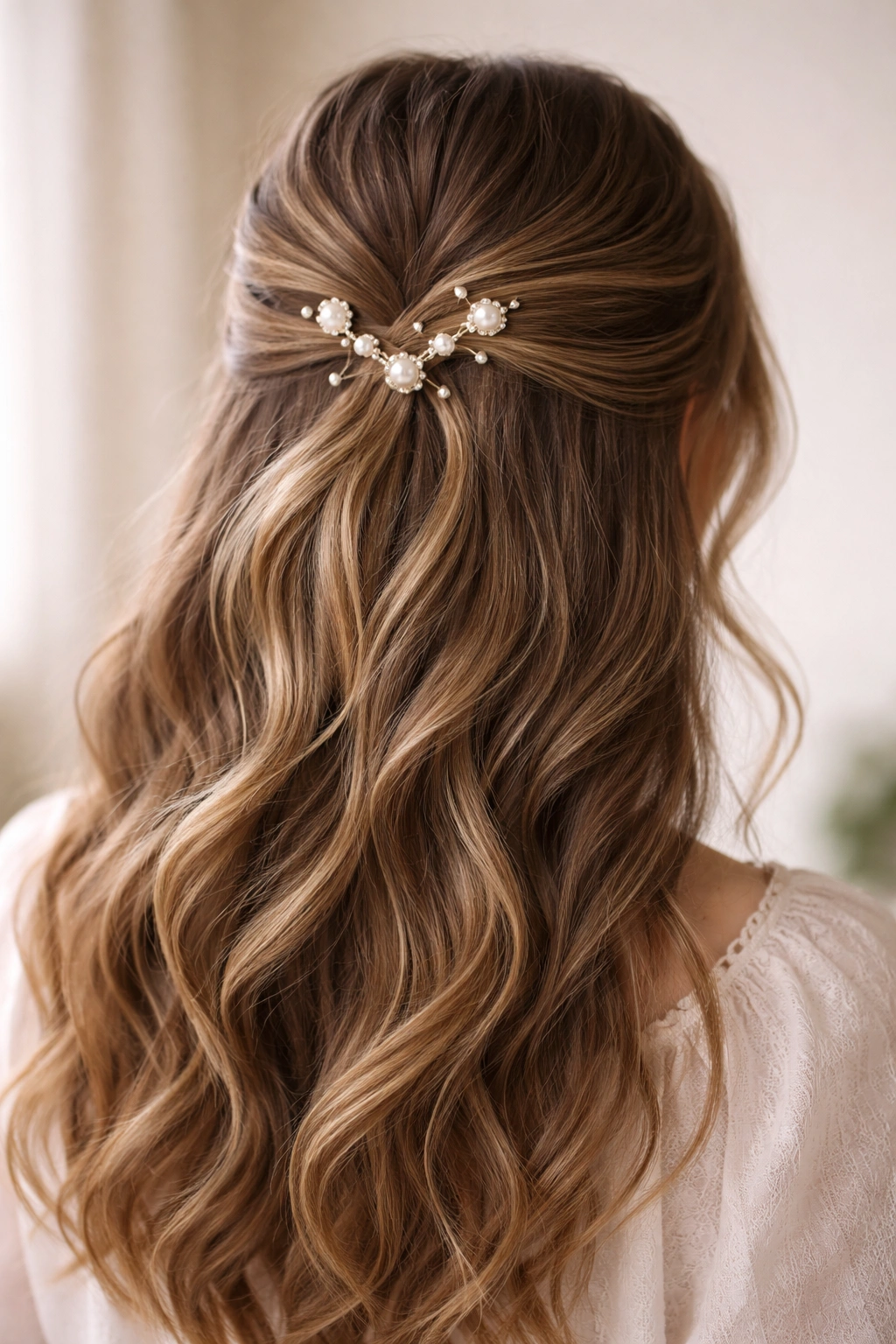 Hair half-up secured with pearl pins at the crown