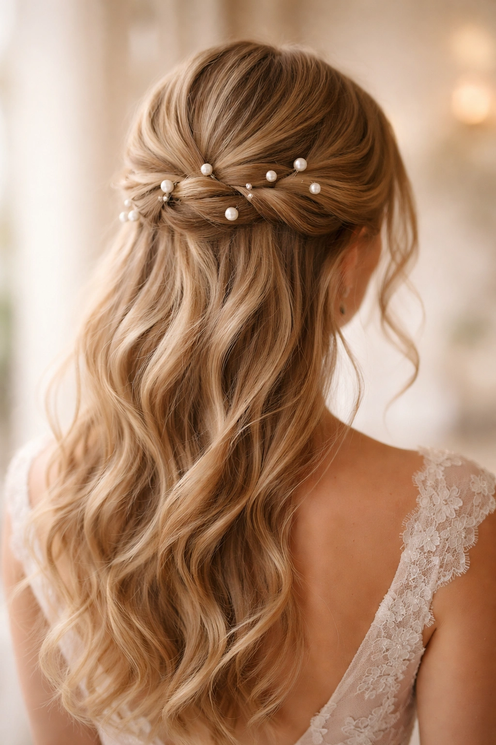 Back view of romantic half-up hairstyle with scattered pearl pins on crown
