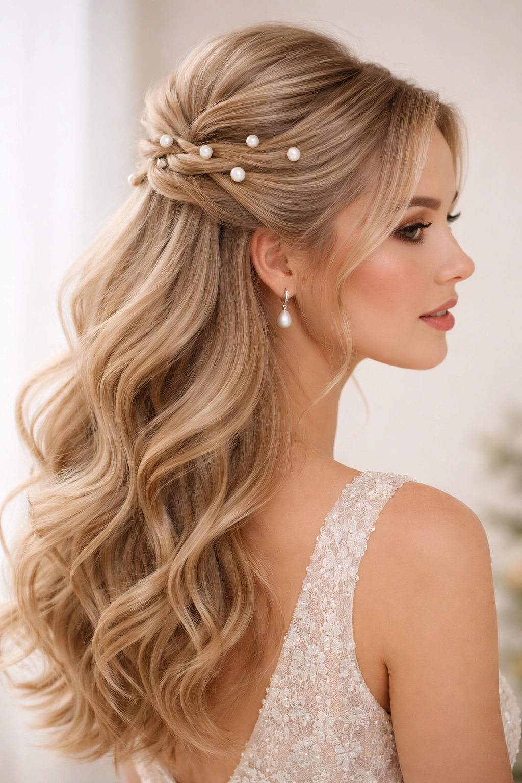 Teased half-up hairstyle with multiple pearl pins