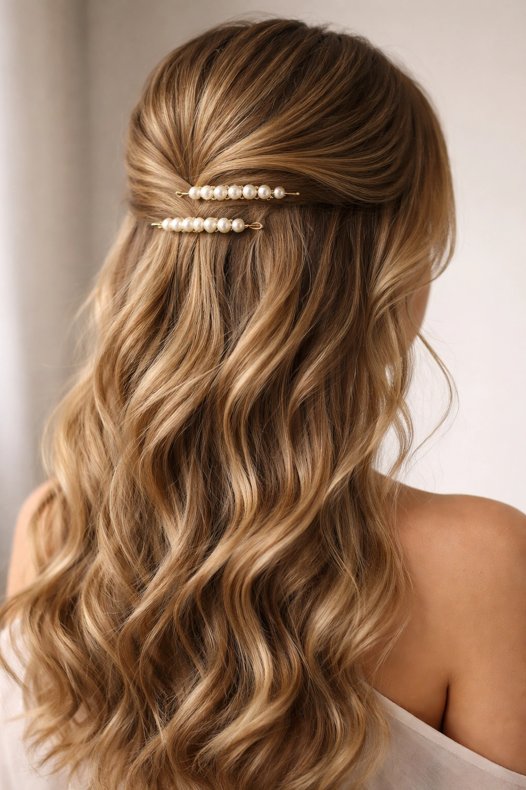 Half up hairstyle with pearl pins securing waves