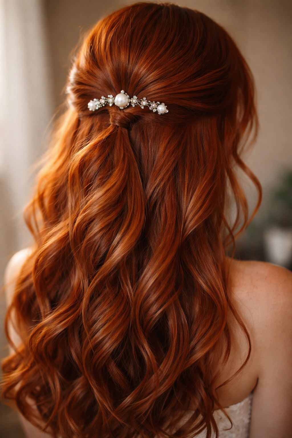 Half up hairstyle with pearl or crystal pins on red hair