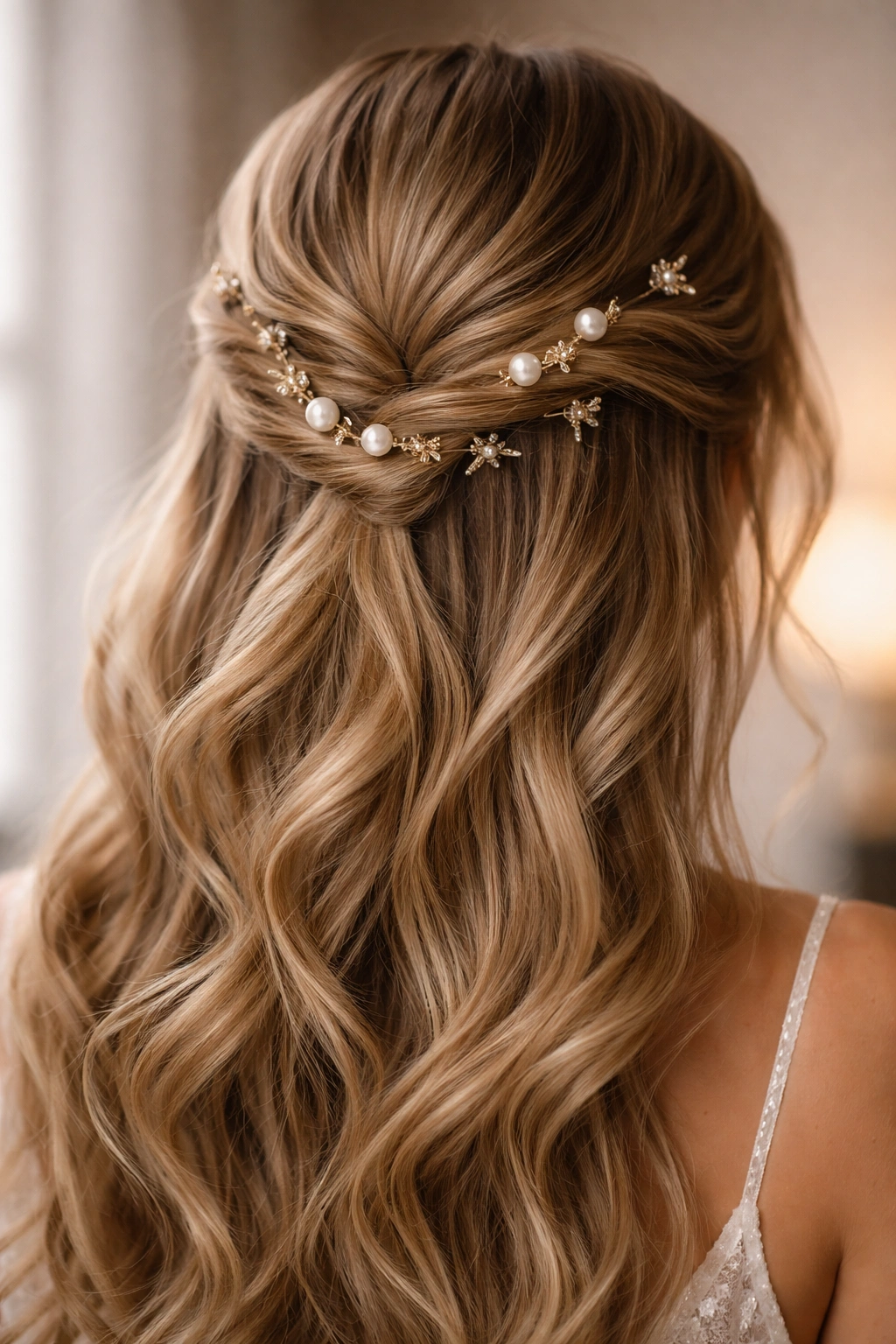 Twisted half-up hairstyle with pearl pins and metallic accents