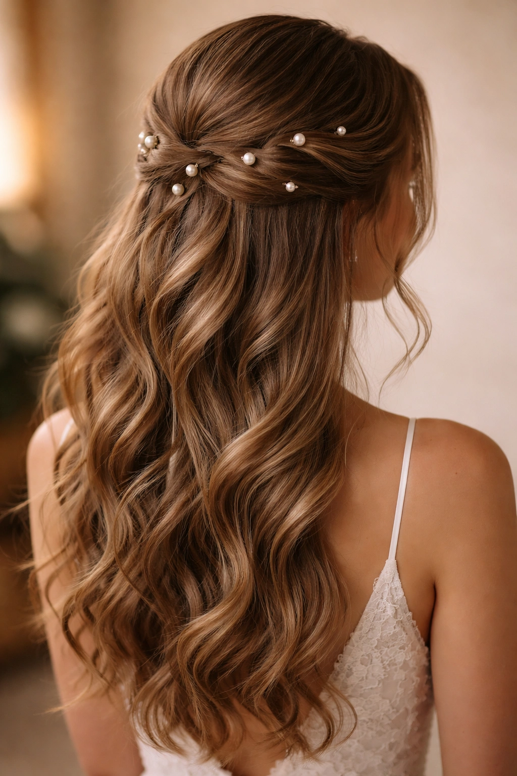 Half-up hairstyle with pearl pins scattered through waves