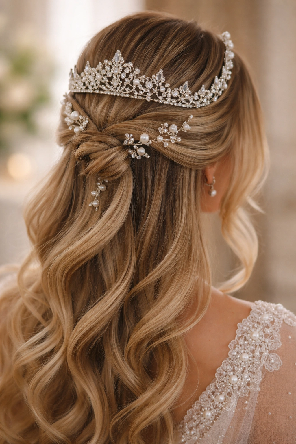Close-up of pearl pins around a half-up bun with tiara on a model