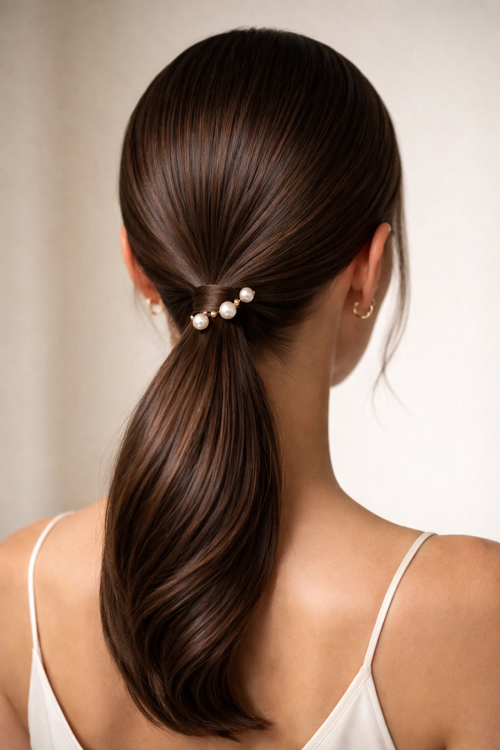 Back view of sleek low ponytail with pearl pins around the base