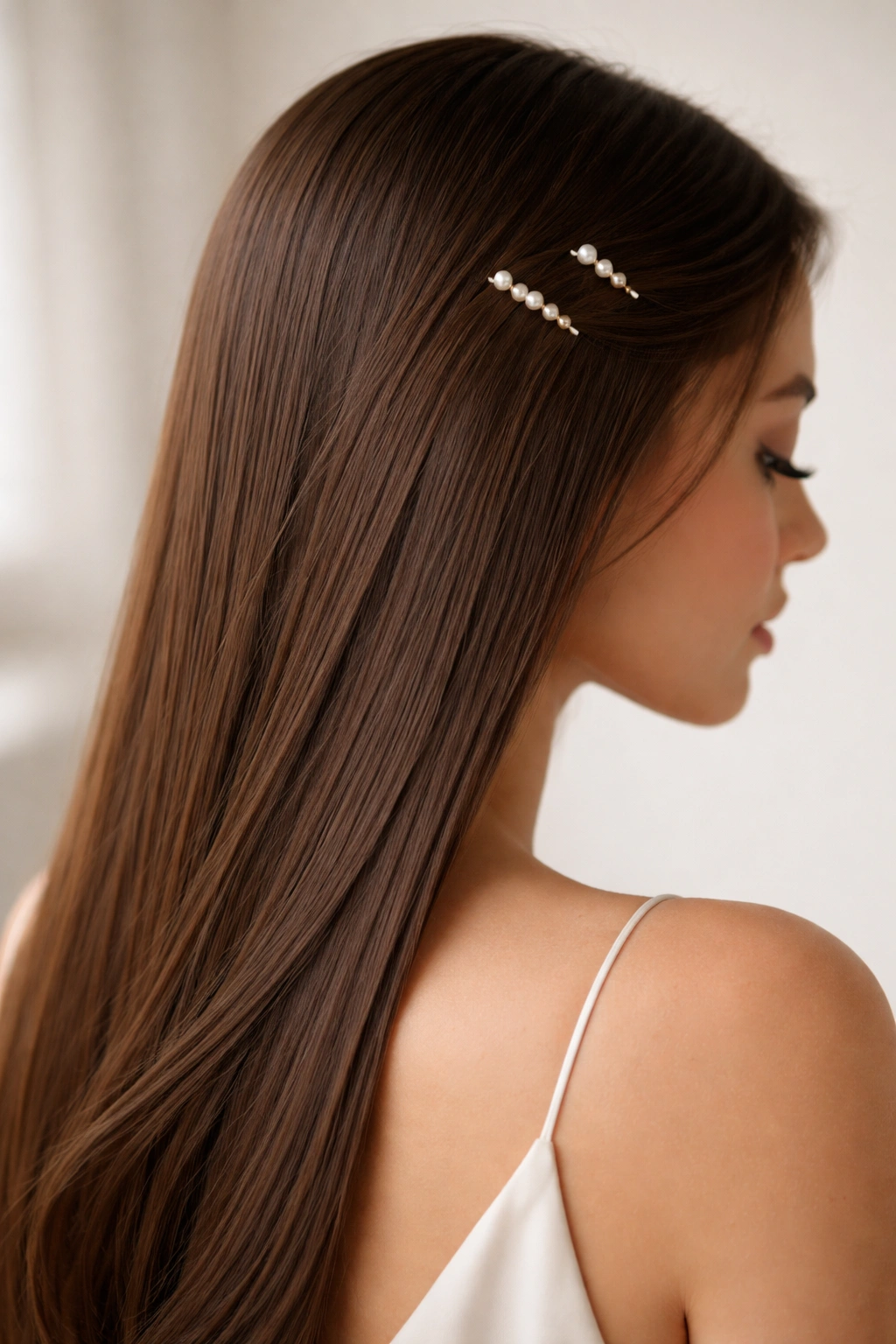 Hair down with pearl pins placed discreetly for minimalist elegance