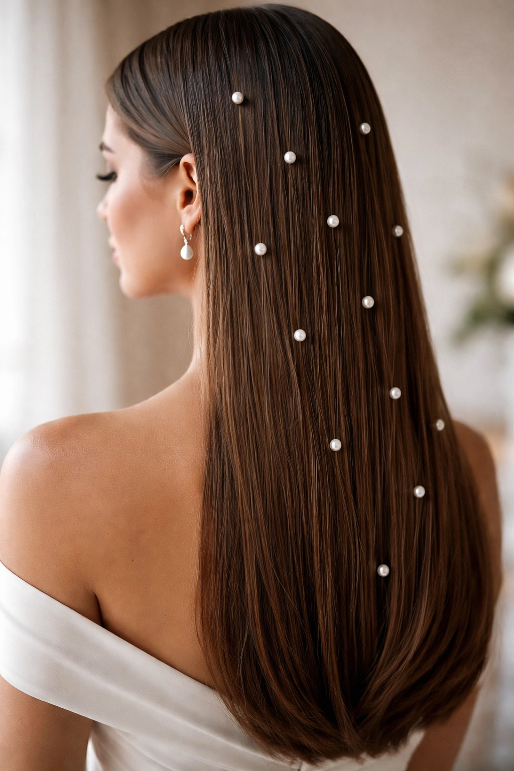 Straight hair with pearl pins arranged neatly