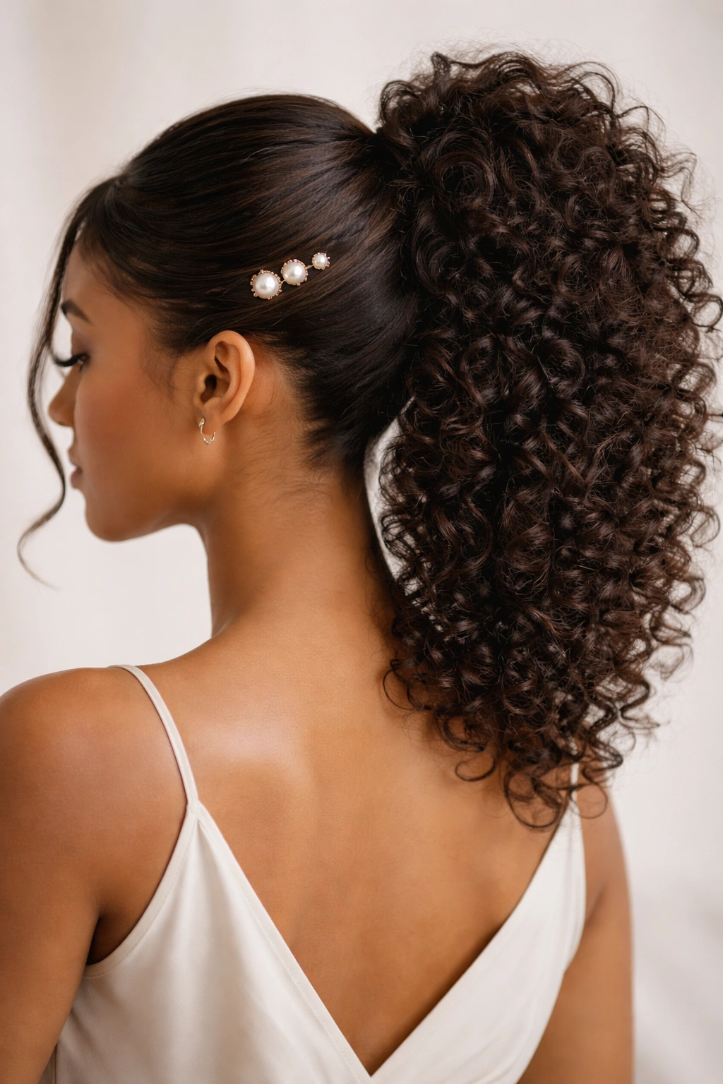 Curly hair with wrapped swoop secured by pearl pins and a high ponytail