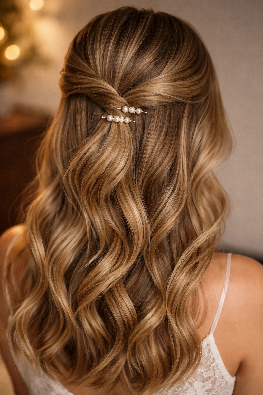 Twisted half-up hairstyle with visible pearl pins and soft waves