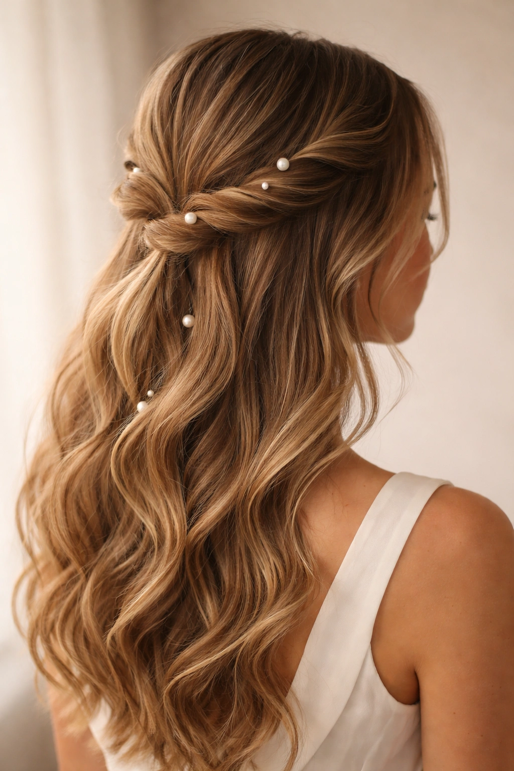 Romantic twists with scattered pearl pins along each twist and back elastic