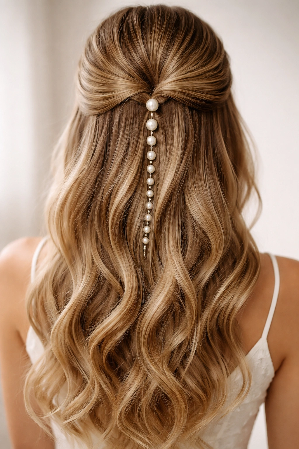 Cascading pearl pins forming a vertical waterfall down the back of a half-up hairstyle