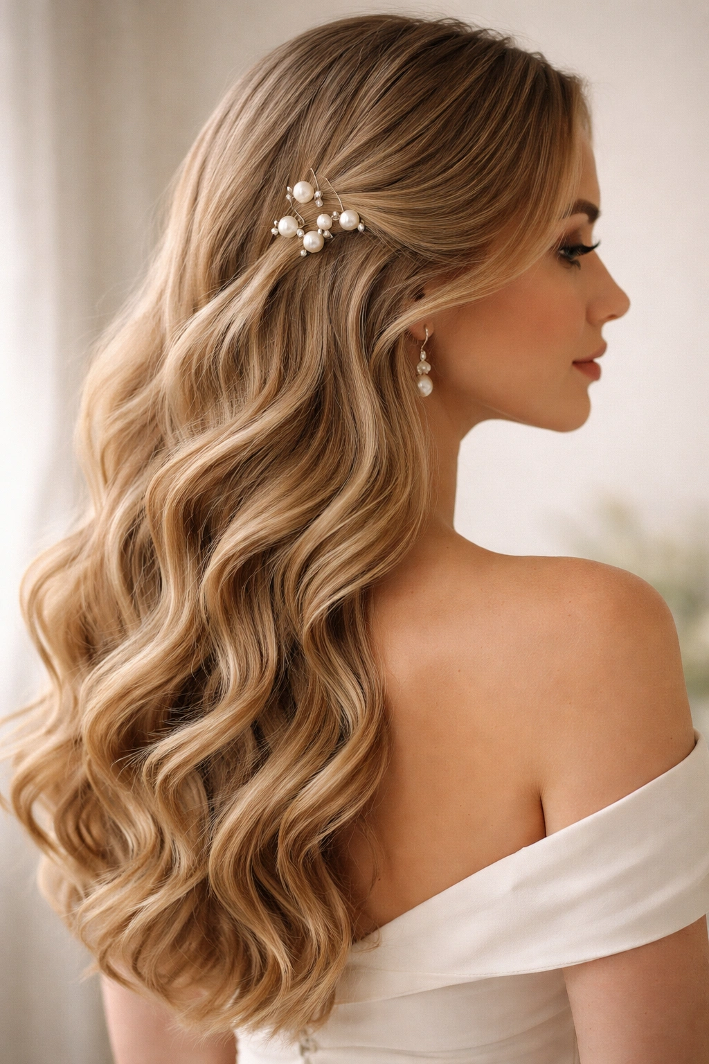 Loose waves with pearl hair pins arranged on the head