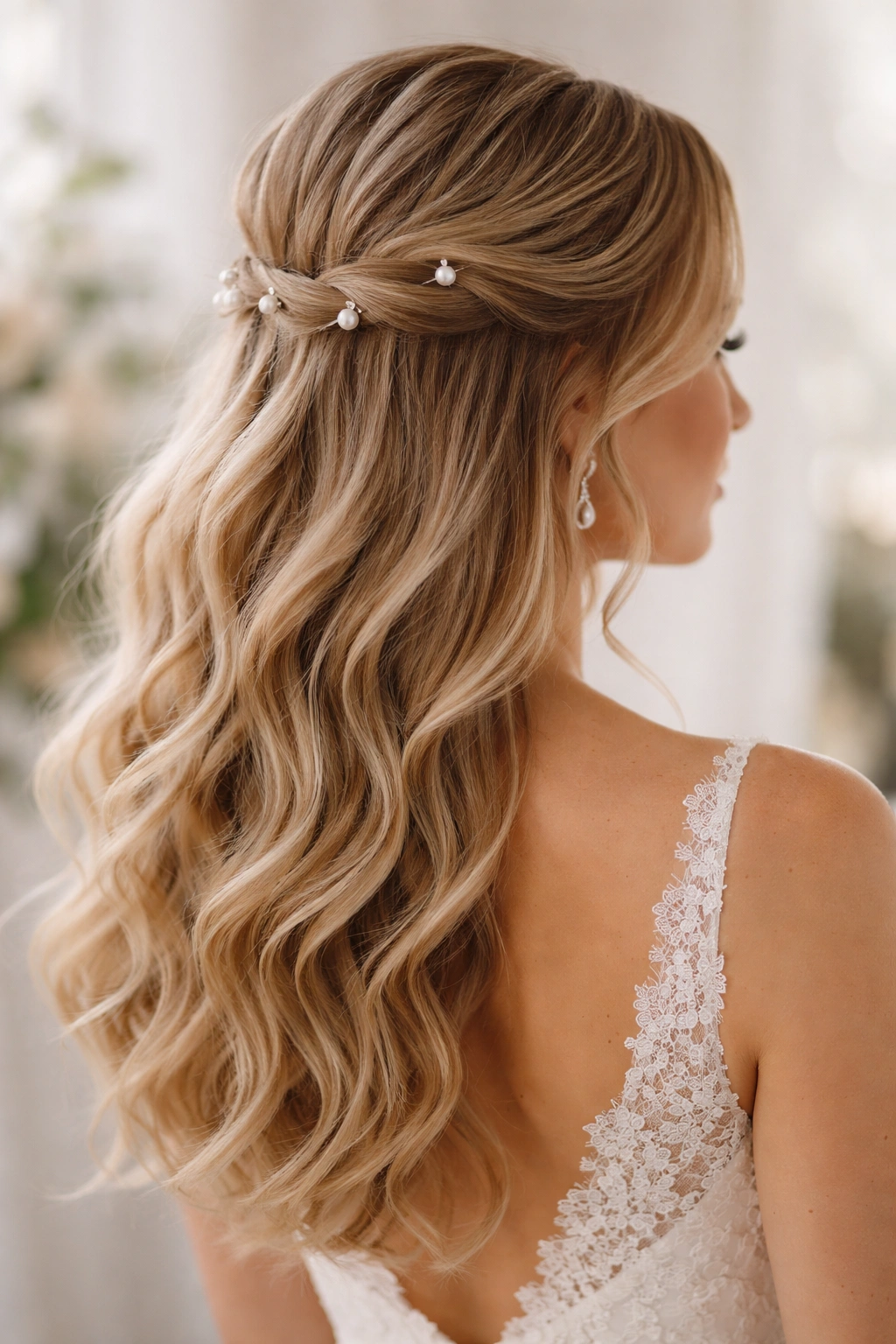 Bridal hairstyle with pearl-pinned sections and soft waves