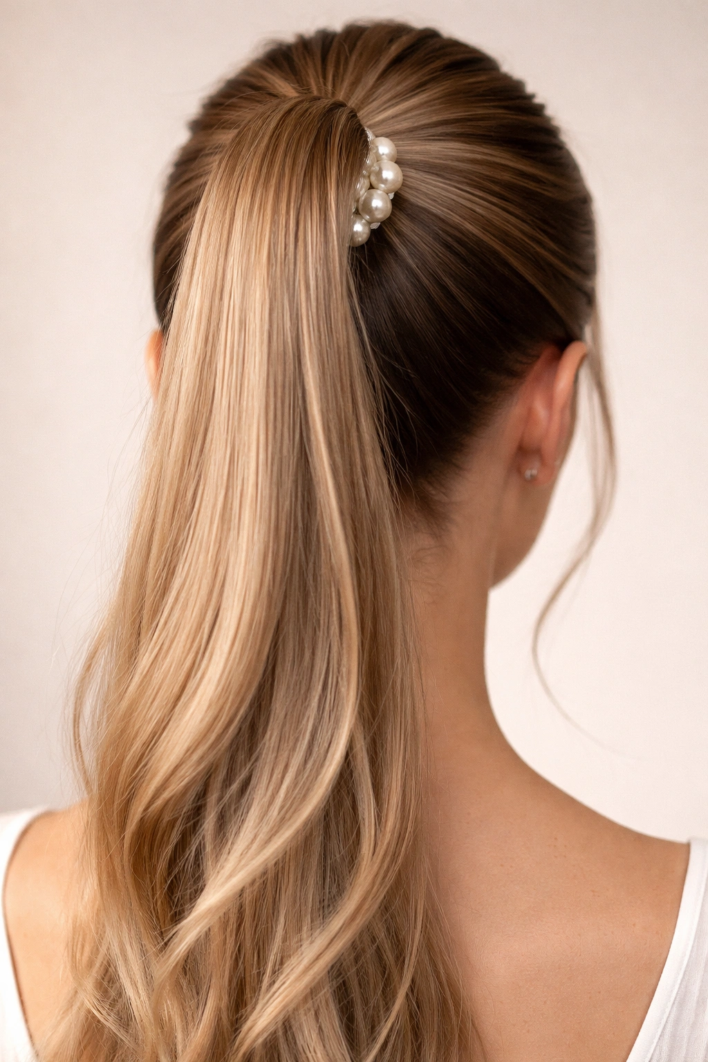 Back view of pearl-wrapped high ponytail with large freshwater pearls at the base