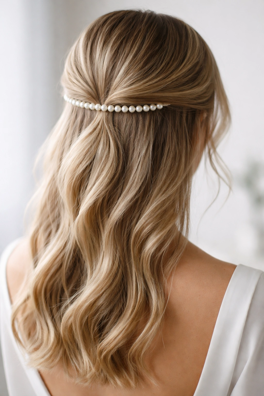 Minimalist half-up hairstyle secured with a single pearl strand