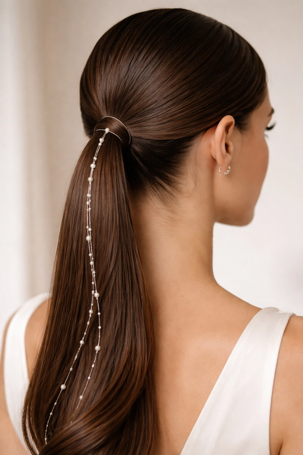 Sleek ponytail with delicate pearl beads and metal thread accents