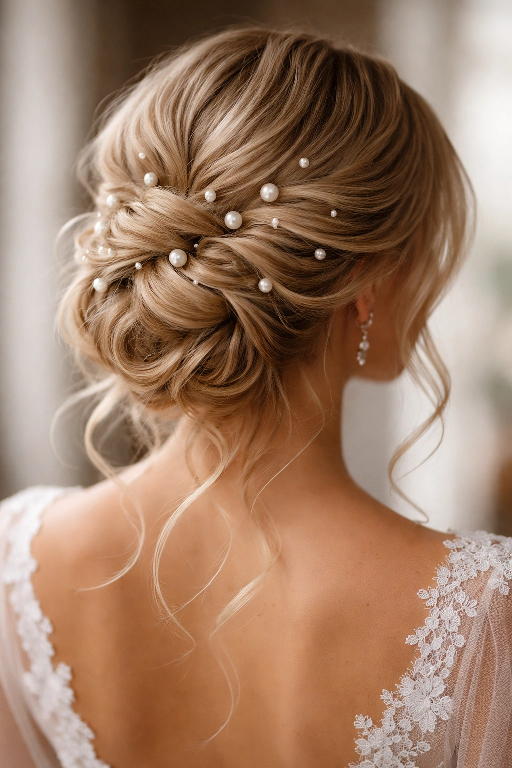 Textured updo with pearl embellishments