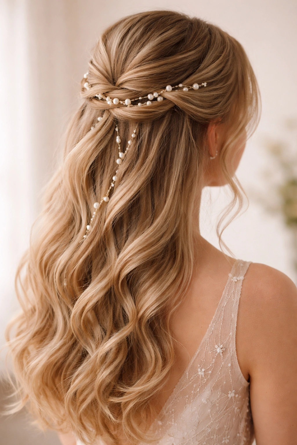 Pearl-adorned half-up twist with pearls woven through twists.
